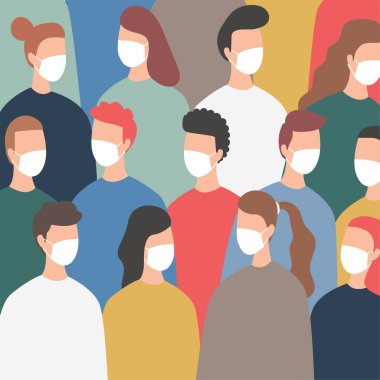 Coronavirus, insanlar beyaz tıbbi maske takıyor. Coronavirus karantina vektör çizimi kavramı. Kusursuz desen.