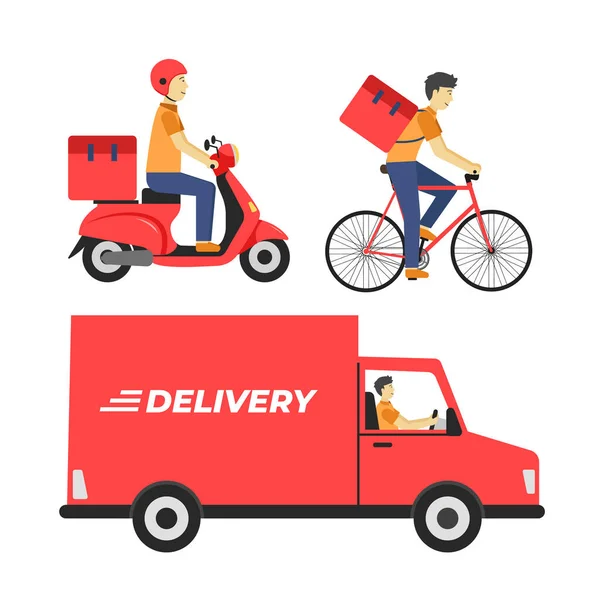 Consegna Pacchi Alimentari Con Camion Biciclette Moto — Vettoriale Stock