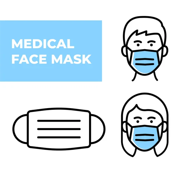 Ikony Masky Lékařské Tváře Jednoduché Tenké Čáry Lidmi Ochranných Maskách — Stockový vektor