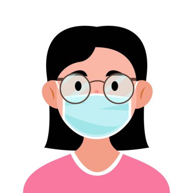 Gençler düz dizayn konsepti olan tıbbi maskeler kullanıyor. Vektör illüstrasyonu