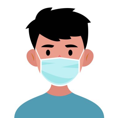 Gençler düz dizayn konsepti olan tıbbi maskeler kullanıyor. Vektör illüstrasyonu