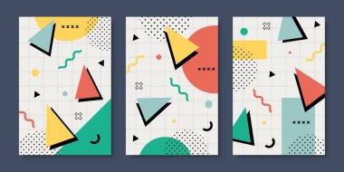 Modern Memphis posterleri ve özgeçmişleri soyut geometrik şekiller, parlak renkler, basit kalıplar ve 80 'ler hisleri, kartlar veya hikaye kalıpları için idealdir. Vektör illüstrasyonu