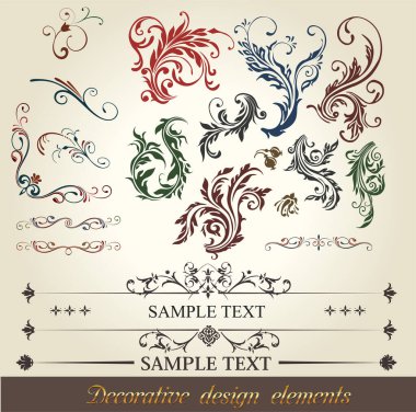 Çeşitli çiçek desenleri, retro dekoratif çizgiler