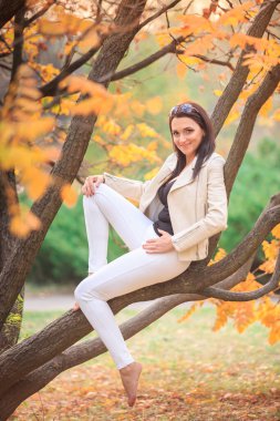 Sonbahar parkında ağaçta oturan kız.