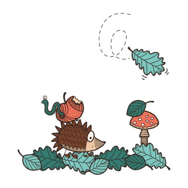 Vektör sonbahar çocukları iz bırakıyor. Basit, şirin kirpi, yaprak ve elma eli çizilmiş. Davetiye, tişört baskısı, çıkartma, dekor, çocuk modası için harika..