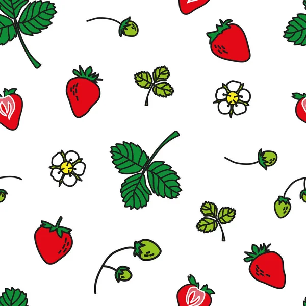 Vector Aardbei Naadloos Patroon Wit Eenvoudige Doodle Fruit Hand Getrokken — Stockvector