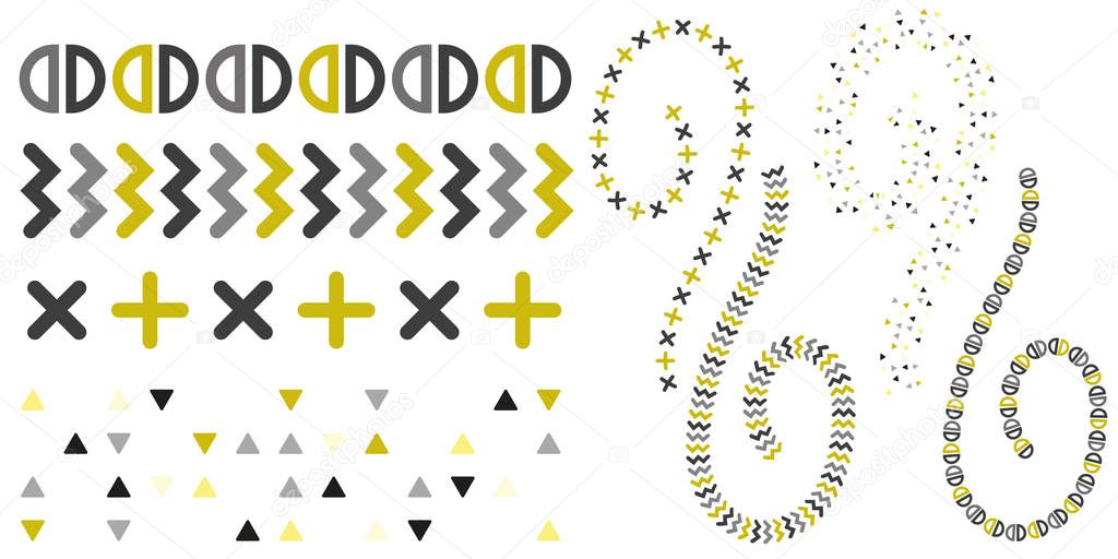 Vector geometric abstract golden brush. Simple shape elements made into repeat. Great for invitations, decor,  packaging.
