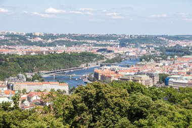 Panoramik manzara Prag Nehri köprüleri Charles Köprüsü güneşli