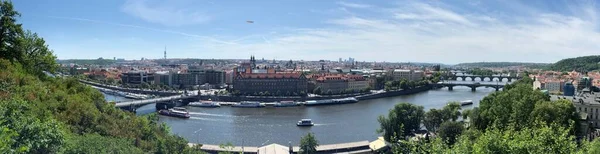 Panoramic view prague river bridges charles bridge sunny