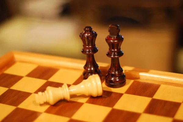 Winning at Chess, Black King and Queen Defeats White King on wooden chess board.