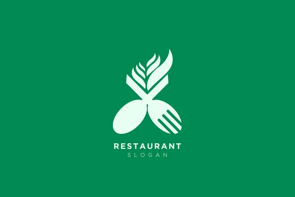 Векторный Дизайн Логотипа Ресторана Ложками Листьями Вилками Пищевых Продуктов Напитков — стоковый вектор