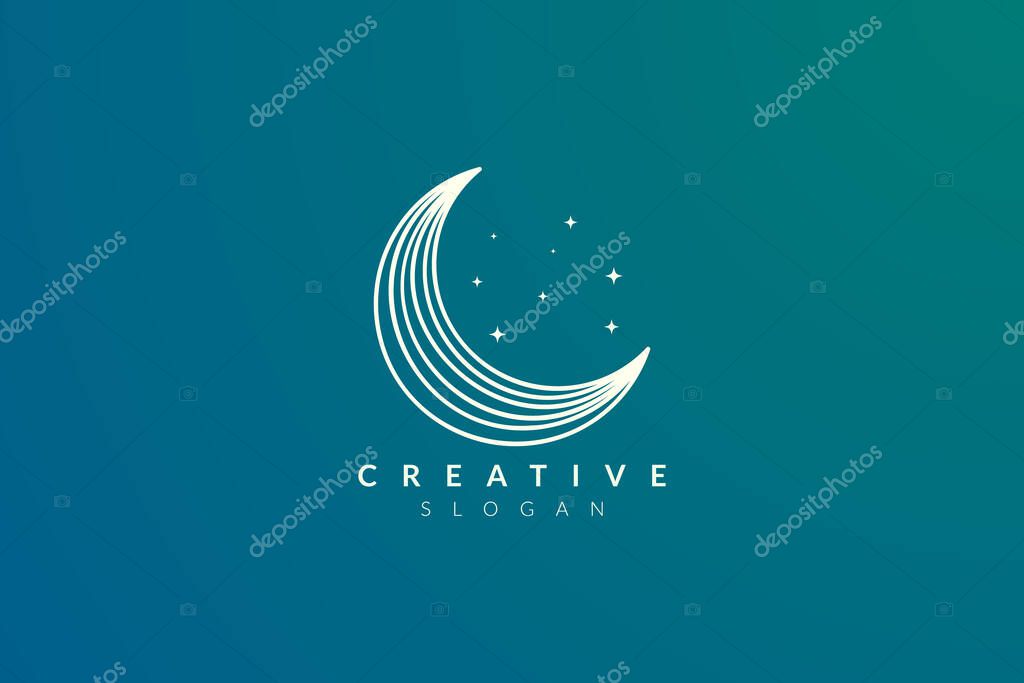 Vector design of a crescent moon with bright golden minimalist and modern stars.