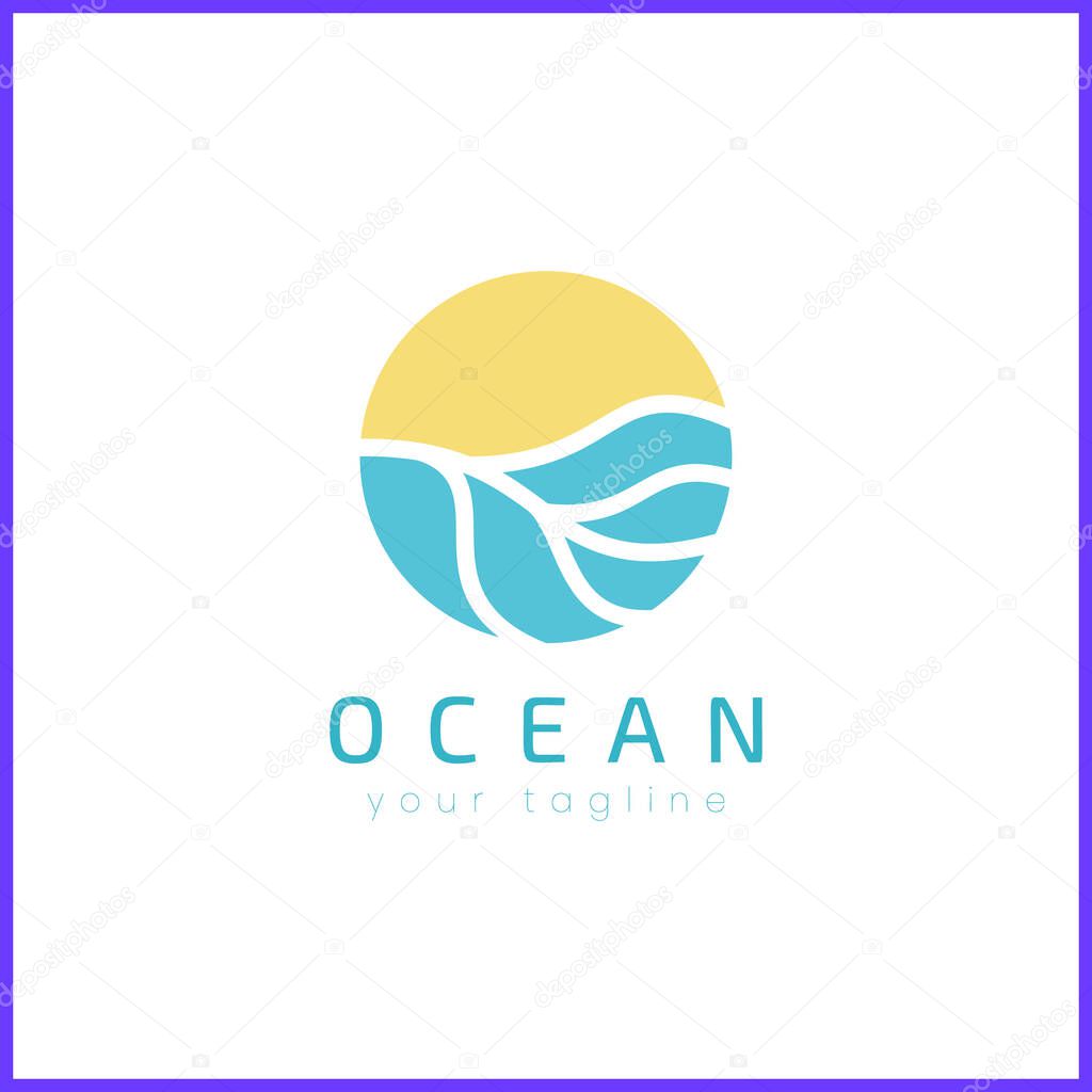 Ocean waves with sun. Simple and modern logo design. Abstract shape.