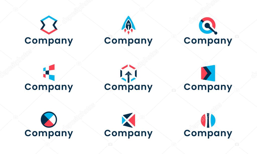 Blue, black, red abstract geometry logo design template. Set of graphic elements, perfect for the brand identity of a technology company