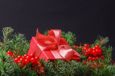 Kırmızı hediye kutusu, saten pembeyle süslenmiş, kırmızı böğürtlenlerle süslenmiş bir Noel ağacının iğnelerine batırılmış..