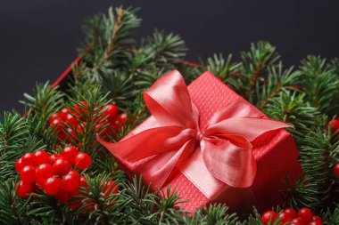 Kırmızı hediye kutusu, saten pembeyle süslenmiş, kırmızı böğürtlenlerle süslenmiş bir Noel ağacının iğnelerine batırılmış..