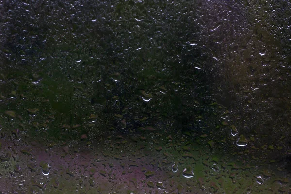 Dešťové kapky na okenní tabuli za oknem můžete vidět zelený les a šedohnědou stezku — Stock fotografie