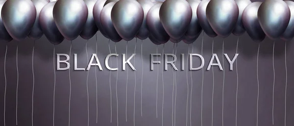 色光沢のある風船と黒の金曜日の販売プロモーションバナー ブラックフライデーセールファッションの背景 3Dイラスト — ストック写真