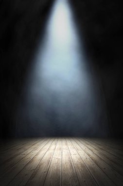 Ahşap zemini olan boş stand up sahnesi. Ürününüzü göstermek ve arka planda kullanmak için kullanılan boş oda gradyanı. 3d illüstrasyon