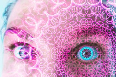 Human eye of a girl with vortex hypnotic iris. Portrait of a beautiful steampunk woman. All-seeing eye in cyber-punk colors. Fractal background from crossed line and light effects. Iridescent spheres. Vivid psychedelic background. clipart