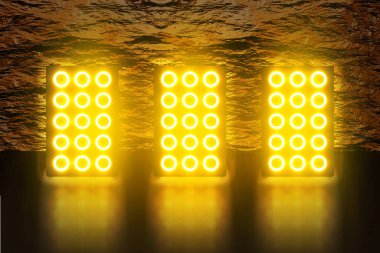 Sahne ışıkları ve ışıkları olan boş bir odanın arka planı. Soyut ışıl ışıl arka plan. Stadyumun ışıklandırılmış sahnesi. Karanlık bir arka planda lazer fütüristik şekiller. 3B illüstrasyon.