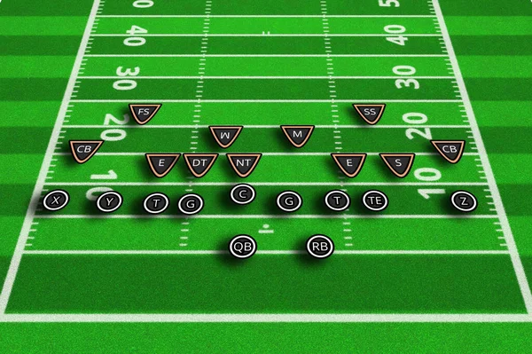 Team play and strategy. Scheme of football game. Top views of american football field. 3d illustration american football play with x\'s and o\'s.