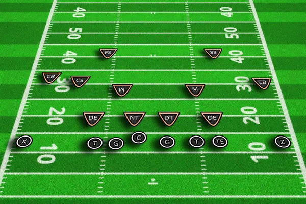 Team play and strategy. Scheme of football game. Top views of american football field. 3d illustration american football play with x\'s and o\'s.