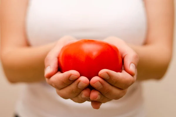 大成熟 红色西红柿在女性手中 健康饮食和素食观念 — 图库照片