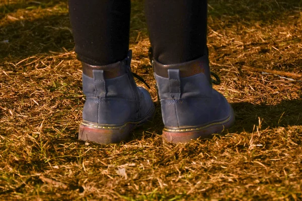 Little Girl Autumn Shoes Walks Park Blue Boots Close — Stock Photo, Image