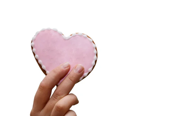 Bolachas Forma Coração Vitrificadas Mão Das Mulheres Dia Dos Namorados — Fotografia de Stock