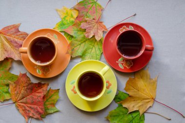 Sonbahar akçaağaç yaprakları arasında çay fincanları olan parlak renkli kupalar, düz uzanmış