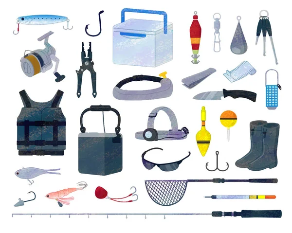 捕鱼工具 模拟风格说明性材料集 — 图库矢量图片