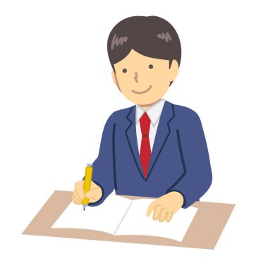 Çalışmak için okul üniformalı bir çocuğun resmi.