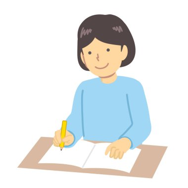 Çalışmak için açık mavi elbiseli bir kızın resmi.