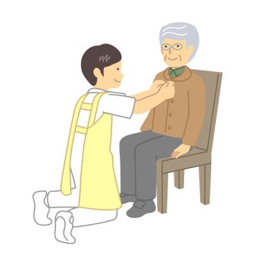 Bakıcı, yaşlı birine kıyafetlerini değiştirmesi için yardım ediyor.