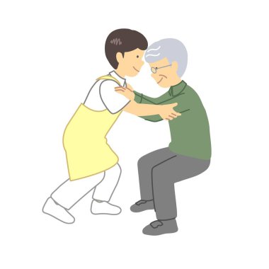 Bakıcı yaşlı bir insana ayağa kalkması için yardım ediyor.