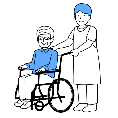 Bakıcı, tekerlekli sandalyedeki yaşlı birine yardım ediyor.