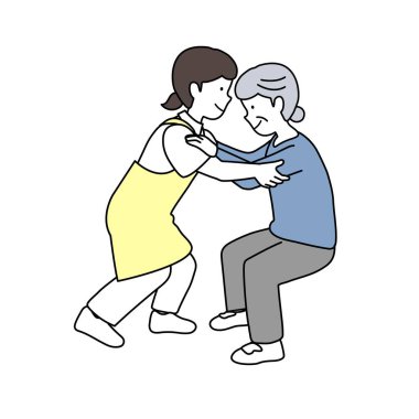 Bakıcı yaşlı bir insana ayağa kalkması için yardım ediyor.