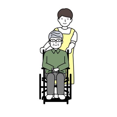 Bakıcı, tekerlekli sandalyedeki yaşlı birine yardım ediyor.