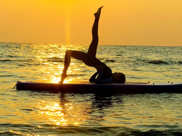 Genç, mutlu bir kadın, Sup su tahtasıyla denizde yoga yapıyor. Meditasyon. Güzel şafak. Spor sağlık tatilleri