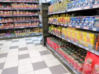 süpermarket mağaza bulanık görüntü. Arka plan. Hipermarket. pencereleri ile dükkan. ayakkabı ve gıda ürünleri satın alma