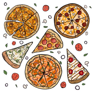 Damlayan peynirli pizza dilimleri. Vektör İllüstrasyonu.