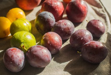 Masadaki olgun, parlak şeftaliler ve erikler