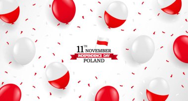 Polonya 'nın Bağımsızlık Günü' nün Vektör İllüstrasyonu. Balonlu ve konfetili arka plan.