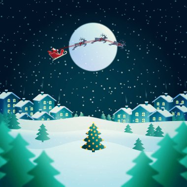 Noel ve Yeni Yıl teması üzerine vektör illüstrasyonu. Gece kışı manzarası. Noel Baba hediyeler sunar. Mutlu Noeller..