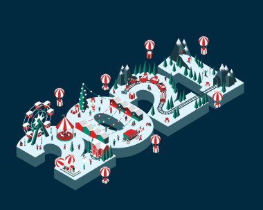 2021 Yılbaşı teması için vektör illüstrasyonu. Isometric tarzı. Mutlu insanlar eğleniyor ve kış tatillerini kutluyorlar. Poster, afiş ve tebrik kartı için..