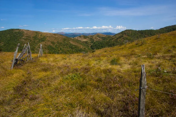 Platteland Panorama Heuvel Met Golvende Weide Hemel — Stockfoto