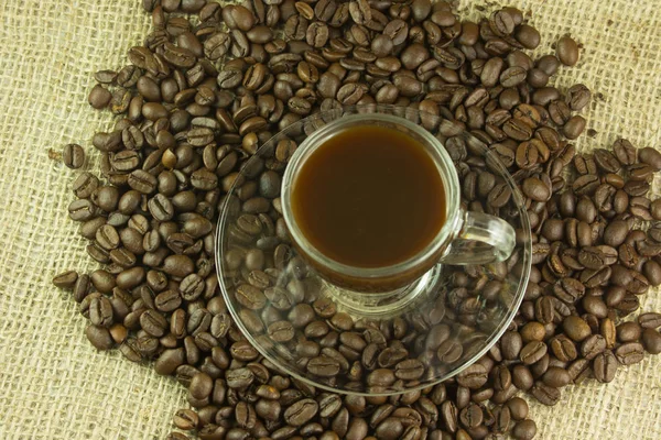 Koffiebonen Een Kop Koffie Een Jute Telo — Stockfoto