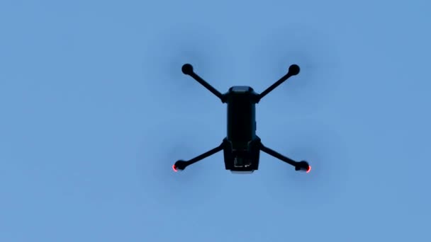 Drone Flies Away Blue Sky — Stock Video