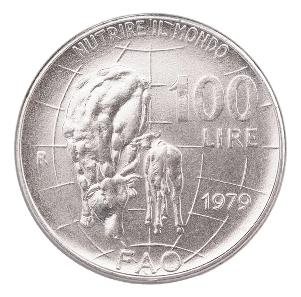 Antigua Moneda Italiana 100 Lira Con Imagen Vaca Ternera Aislada —  Fotos de Stock